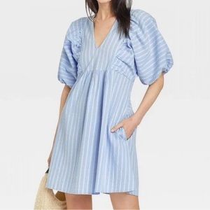 A new day- pinstripe puff-sleeve dress, size medium.